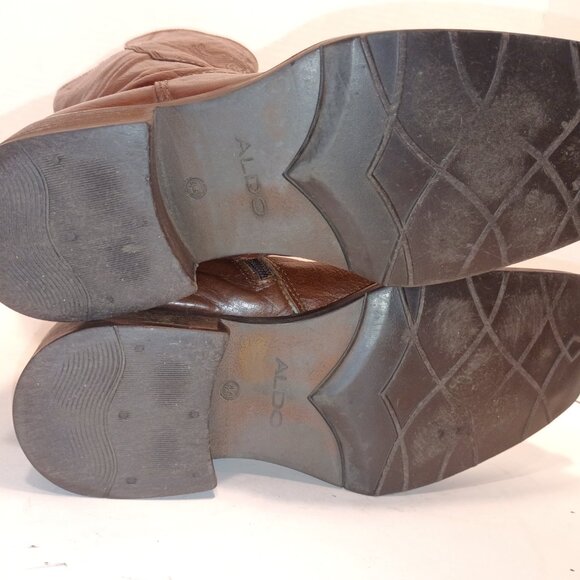 '80s ALDO Men's Sz 44EU/11US Brown Tall Boots Sq Toe Skull/Flames Embossed Zip - Picture 12 of 14